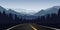 Road curve in forest and mountain landscape at dawn