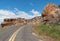 Road is cut through rocks in a canyon in western Arizona