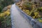 Road cut into the slope. above and below the road is a stone dry wall. nature trail through the autumn park with a drain and a met