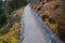 Road cut into the slope. above and below the road is a stone dry wall. nature trail through the autumn park with a drain and a met