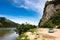 Road by the Danube river, forests and mountains