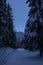 A road in a dark winter forest and a strange industrial facility in the taiga