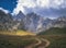 road in dolomite mountains, on a spring day in the Kelinshyktau Mountains, the Karatau massif in the south of Kazakhstan in the
