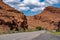 Road going through the beautiful red rocks of Dubois, Wyoming through the Shoshone National Forest