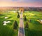 Road through the golf course at sunset in autumn. Aerial view