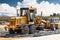 Road grader at the construction site. Powerful construction machine for ground leveling and excavation. Close-up. Professional