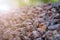 Road gravel and granite gravel texture. Crushed Gravel background. Pile of Stones texture. Industrial coals. Sun beam lights