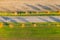 Road between green field and cultivated ground with yellow trees at sunset in autumn with car. Aerial view on asphalt speedway.