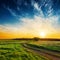 Road in green grass and sunset in dramatic sky