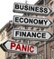 The road indicator on the arrows of which is written - business, economics, finance and PANIC