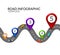 Road infographic. Colorful pin pointer and cars top view. Road street infographic. Business map template