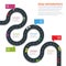 Road infographic with colorful pin pointer vector illustration. Moving cars on road, top view. Urban transport. Path and