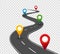 Road infographics. Winding road to success with pin pointers. Business journey way. Progress concept