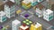 Road Intersection. Isometric city animation. Town district street. Seamless unending video loop. Cars moving. Buildings