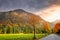 Road in Karwendel alps at autumn sunrise, tyrol and bavarian alps , Austria