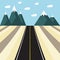Road landscape. Asphalt road with mountains, sky and clouds in flat style. Vector background