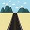 Road landscape. Asphalt road with mountains, sky and clouds in flat style. Vector background