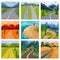 Road landscape vector roadway in forest and cityscape highway or roadside way to field lands with grass and trees in