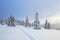 On the road on the lawn the man stands and watches the mountains. Fluffy fair trees are arround. Cold winter scenery