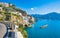 Road leading along Amalfi coast to small town Atrani in province of Salerno, Campania region, Italy