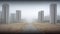 Road leading to the gloomy district with boring gray skyscrapers. Construction project in the middle of a desert. Generative AI