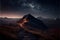 The road leading to the top of the mountain under the starry sky. Generative AI