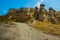 The road leads to the fabulous mushroom rocks. Beautiful landscape with unusual mountains. Fairy Chimneys, Pasabag, Monks Valley,