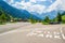 Road markings to Wild & Adventure Park Ferleiten entrance at the very beginning of Grossglockner High Alpine road, before toll.