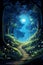 Road in Middle of a Deep Blue Dense Forest with Leaf Ceiling. Night scene. Mystic Atmosphere. AI Generative