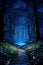 Road in Middle of a Deep Blue Dense Forest with Leaf Ceiling. Night scene. Mystic Atmosphere. AI Generative