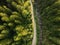 Road through mountains and forest captured from above