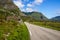 Road and mountains in Vestvagoy island in Lofoten in Norway