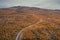 Road through mountains with yellow trees in autumn along the scenic Wilderness Road in Lapland in Sweden from above