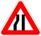 Road narrows on both sides sign vector illustration. Drawing of of triangular hazard road sign for road narrows on both sides.