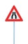 Road narrows sign on pole post, large detailed isolated closeup