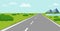 Road with a natural landscape. Highway with grass, mountains and bushes. Vector illustration. V