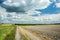 Road next to a plowed field and clouds on the sky