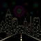 Road in the night city. fireworks in the night sky above the city vector illustration. stars,skyline and salute