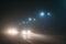 Road. Night. Fog. Streetlights. Headlights