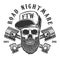 Road nightmare. Hipster skull in baseball cap with crossed pistons. Design element for logo, label, emblem, sign, poster, t shirt