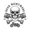 Road nightmare. Human skull with crossed pistons. Design element for logo, label, emblem, sign, t shirt print.