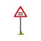 Road notice warns drivers of approaching to railway crossing. Triangular warning sign with barrier. Flat vector design