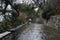 Road paved with natural stone among the rocks in anÑient seaside landscape garden