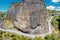 road and a pedestrian path leading to majestic gorge of Azat river canyon - a Symphony of Stones or basalt Pillars in Garni,