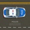 Road police patrol, illustration. Police car on asphalt road, top view. Street traffic and transport