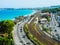 Road and railways along the Mediterranean towards Antibes. View from above. France