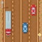 Road with red blue cars and cargo truck - retro