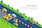 Road repair banner template. Vector 3D isometric illustration. Roller and asphalt paving machine on the roadworks.