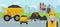 Road repair with construction machine and worker man in uniform vector illustration. Equipment truck, trolley, jack