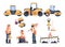 Road Repair with Workers in Special Uniform and Machines Vector Set